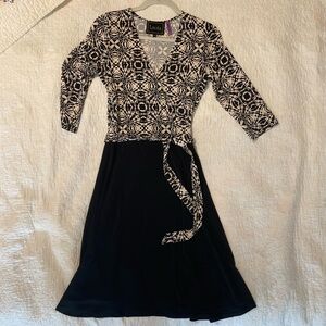 Leota Black and White A-Line Wrap Dress with V-Neck